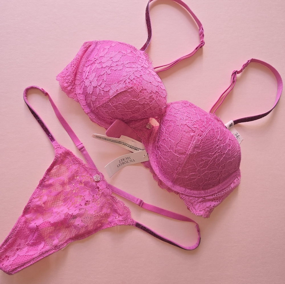 Victoria's Secret Pink Lace Bra and Panty Set Dream Angels 34c M Nwt